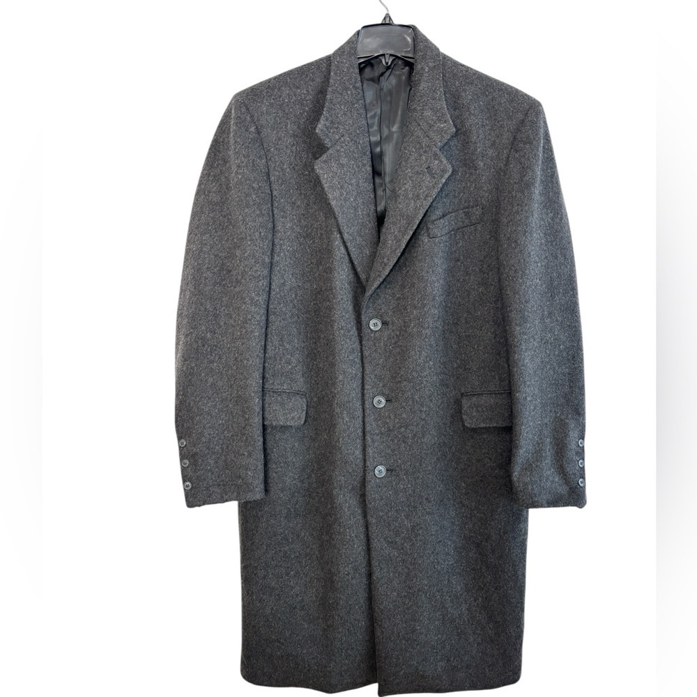 VTG Halston Mens Coat Wool Cashmere Gray Single Breasted Suit Overcoat Size 44L